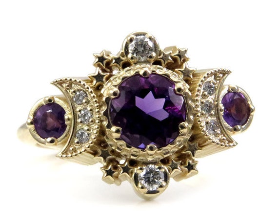 Amethyst and Diamond Cosmos Engagement Ring - Moon Goddess Fine Jewelry