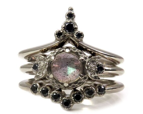 Black Moon Temple Engagement Ring Set - Rose Cut Labradorite with Black Diamond Stacking Wedding Bands