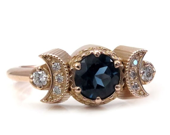 Hecate Moon Engagement Ring - London Blue Topaz & White Diamonds - Gold Bohemain Jewelry