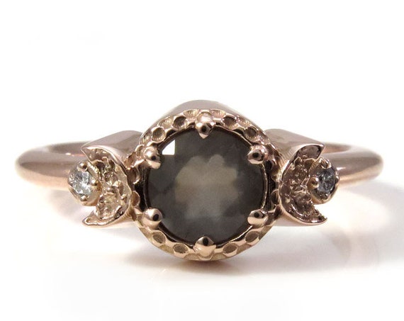 Faceted Grey Moonstone and Diamond Triple Moon Engagement Ring - 14k Rose Gold