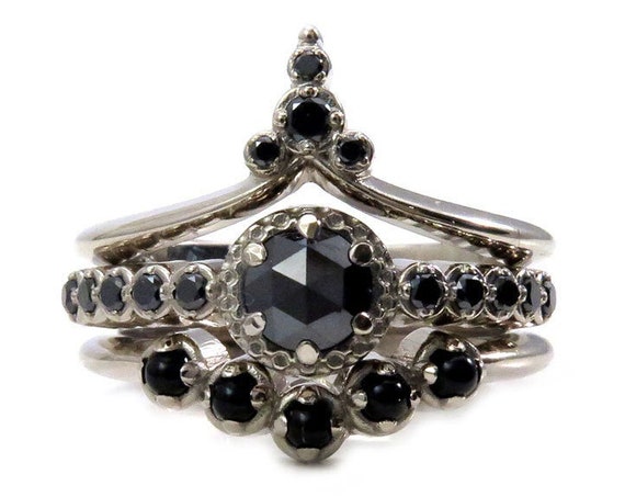 Gothic Art Deco Black Diamond Engagement Ring Set - Black Diamonds and Onyx