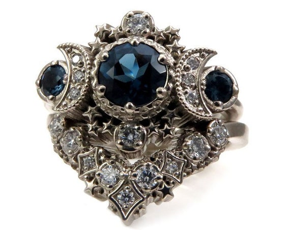 London Blue Topaz and Diamond Cosmos Engagement Ring Set - Moon Engagement Ring with Stardust Wedding Band