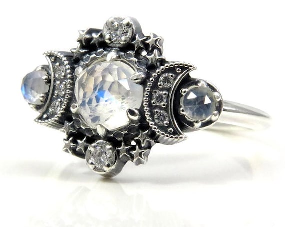 Rose Cut Moonstone Cosmos Moon and Star Ring - Sterling Silver with White Diamonds - Boho Engagement