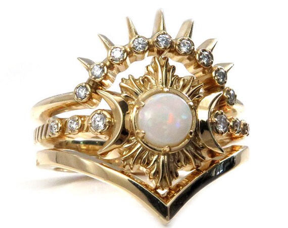 Opal Fire Moon Ring - Diamond and Yellow Gold Celestial Engagement Ring Set with Stacking Wedding Bands