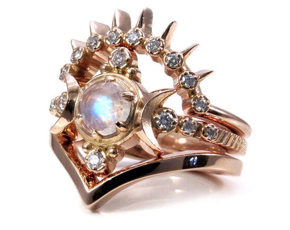Rainbow Moonstone Moon Goddess Engagement Ring Set with Sunray and Chevron Wedding Bands