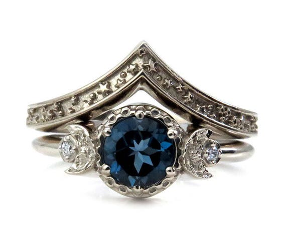 Moon Ring and Stardust Wedding Ring Set - London Blue Topaz Celestial Engagement Rings