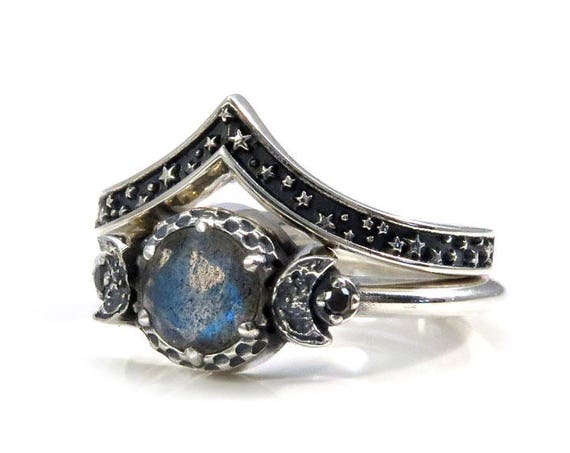 Labradorite Moon and Stars Sterling Silver Engagement Ring Set with Black Diamonds