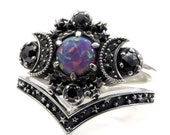 Purple Lab Opal Cosmos Moon Engagement Ring Set - Sterling Silver with Black Diamonds