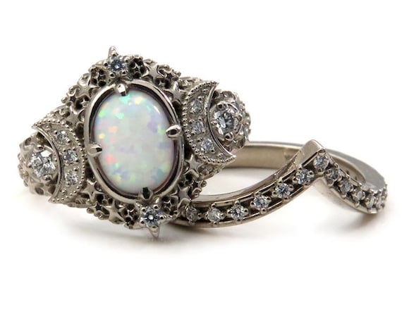 Lab Opal Starseed Engagement Ring Set - Palladium White Gold and Diamonds - Celestial Wedding Rings