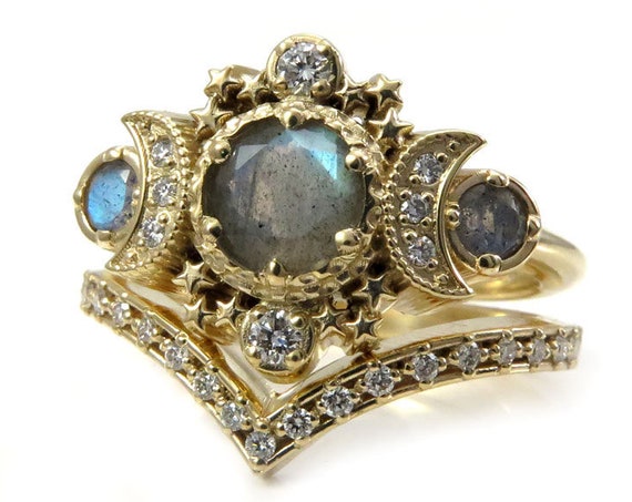 Labradorite & Diamond Cosmos Moon Engagement Ring Set - Triple Moon Goddess Fine Jewelry