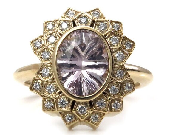 Ready to Ship Size 6 - 8 - Pink Oval Sapphire Art Deco Engagement Ring - 14k Yellow Gold & Diamonds - Fancy Cut Sapphire with Concave Facets