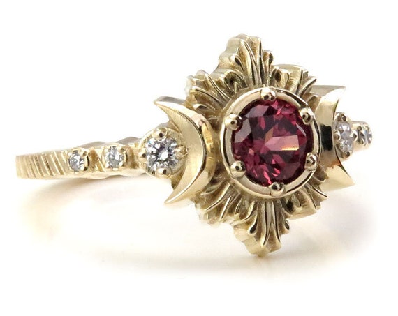 Malaya Garnet Moon Fire Gothic Engagement Ring with White Diamonds - Lunar Fine Jewelry