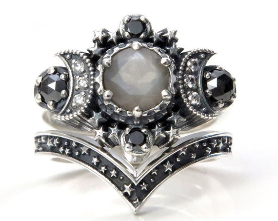 Faceted Gray Moonstone Silver Moon Cosmos Engagement Ring Set - Boho Stacking Wedding Rings
