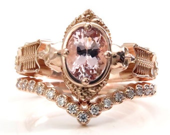 Oval Morganite and Diamond Skeleton Engagement Ring Set - Pave Diamond Wedding Band 14k Rose Gold - Unusual Engagement Ring - Gothic Jewelry