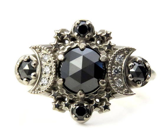 Black and White Diamond Cosmos Moon Engagement Ring - Gothic Boho Engagement Ring