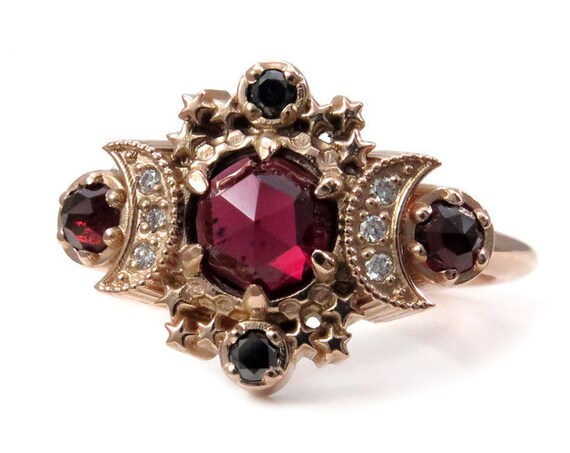 Rose Cut Garnet Cosmos Moon Engagement Ring - Rose Gold with Black and White Diamonds
