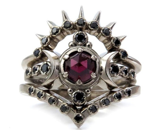 Blood Moon Goddess Engagement Ring Set with Black Diamond Sunray and Chevron Wedding Bands
