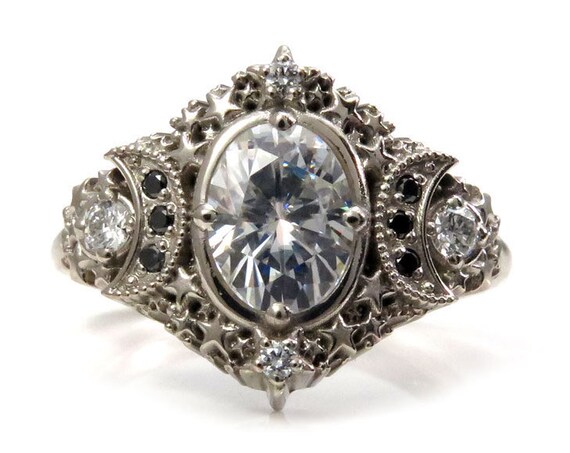 Oval Starseed Engagement Ring - Moissanite with Black and White Diamonds - Stardust Boho Jewelry