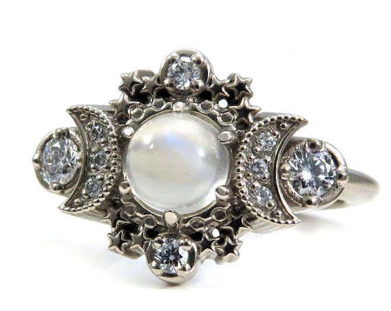 Moonstone and Diamond Moon and Star Engagement Ring - Bohemian White Gold Fine Jewelry