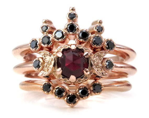 Blood Moon Boho Engagement Ring Set - Rose Cut Garnet with Black Diamond Side Bands