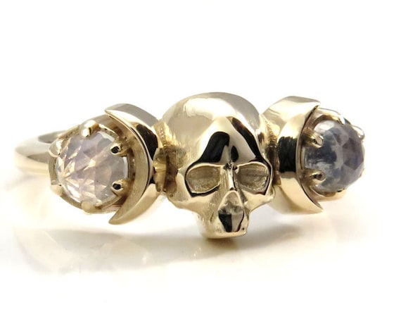 Skull and Moon Ring - Rose Cut Rainbow Moonstone and Gold - Memento Mori Mourning Jewelry - Gothic Ring
