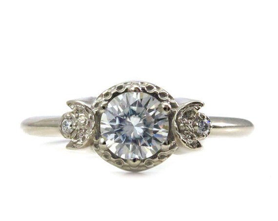 Diamond Crescent Moon Engagement Ring - Diamonds or Forever One Moissanite Crescent Moon Phase Gold 3 Stone Ring