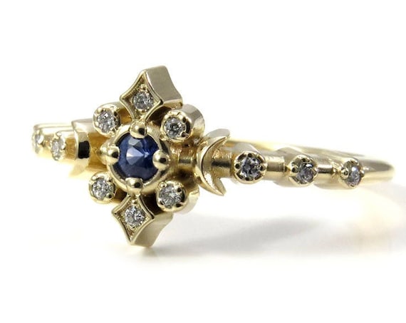 Cornflower Sapphire and White Diamond Petite Moon Engagement Ring - Celestial Fine Jewelry