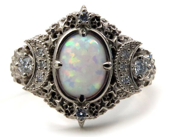 Oval Starseed Engagement Ring - Lab Opal and Diamonds - Lunar Cosmic Wedding Ring