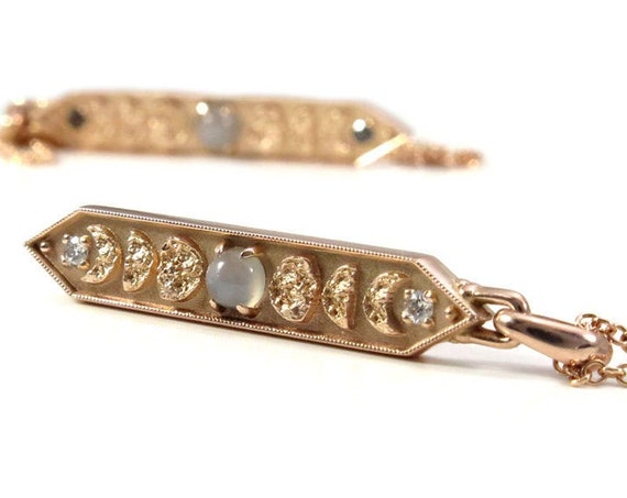 Ready to Ship - 14k Rose Gold and Gray Moonstone Moon Phase Bar Pendant with Black or White Diamonds - Celestial Necklace