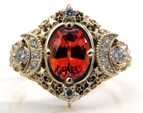 Oval Starseed Engagement Ring - Chatham Padparadscha Sapphire and Diamonds - Handmade Gold Jewelry