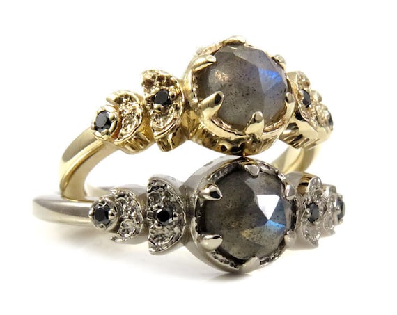Moon Phase Labradorite and Black Diamond Engagement Ring