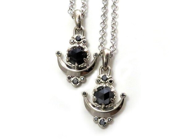 Moon Anchor Pendant - Black Diamond or Black Spinel in 14k Palladium White Gold - Ready to Ship