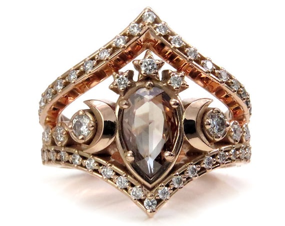 Lunar Priestess Rose Cut Champagne Diamond Engagement Ring with Star Diamond Chevron