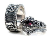Silver Steampunk Wedding Ring Set - Rose Cut Garnet and Black Diamonds - His and Hers Gear Rings