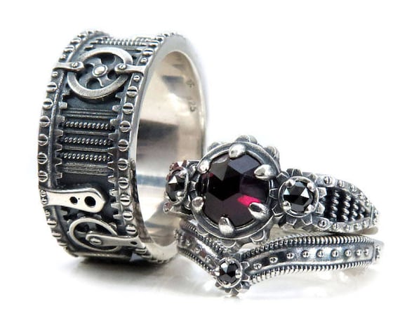 Silver Steampunk Wedding Ring Set - Rose Cut Garnet and Black Diamonds - His and Hers Gear Rings