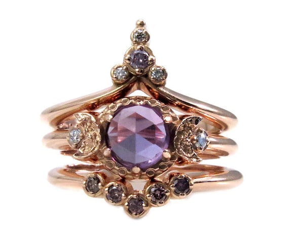Lavender Moon Temple Rose Gold Engagement Ring Set - Lab Alexandrite with Lavender and White Diamonds