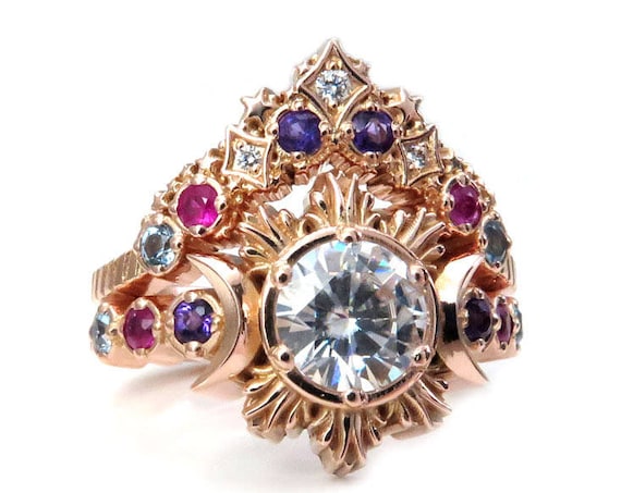 Diamond Moon and Stardust Nebula Engagement Ring Set - Galaxy Wedding Ring