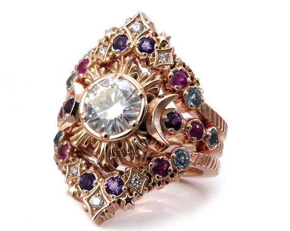 Stardust Nebula Moon Engagement Ring Set - Bohemain Wedding Ring Set - 14k Rose Gold