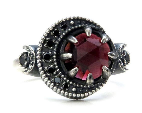 Garnet Blood Moon Ring - Sterling Silver Celestial Fine Jewelry - Black Diamond or Moissanite Crescent