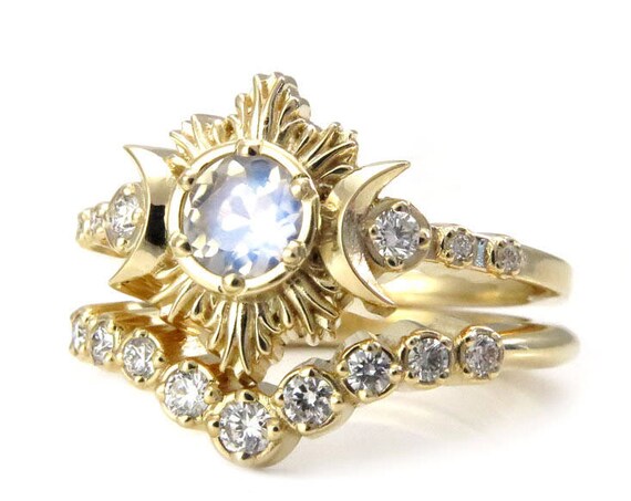 Moonstone and Diamond Engagement Ring Set - Celestial Lunar Ceremonial Jewelry