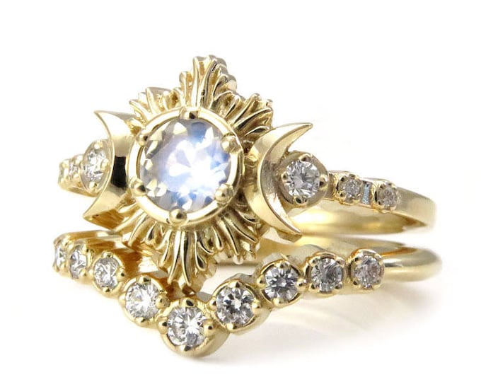 Moonstone and Diamond Engagement Ring Set - Celestial Lunar Ceremonial Jewelry