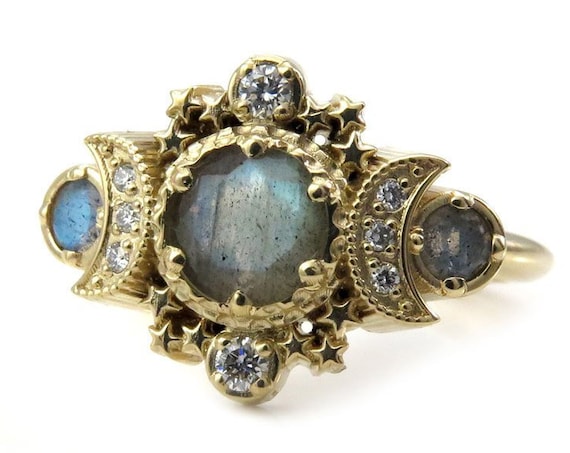 Labradorite & Diamond Cosmos Moon Engagement Ring - Gold Fine Bohemian Jewelry