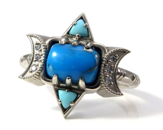 Ready to Ship Size 6-8 Ithaca Peak Turquoise Moon Ring with Quartz and Pyrite Inclusions and Diamonds Moons - 14k Palladium White Gold