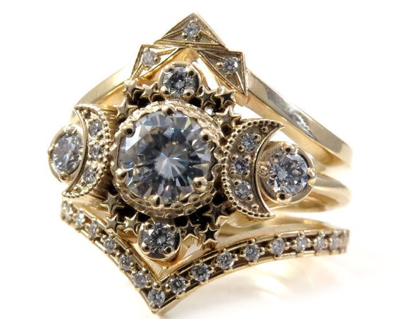 Moissanite Moon Ring Cosmos Engagement Set - Moissanite or Diamonds Stardust Wedding Rings