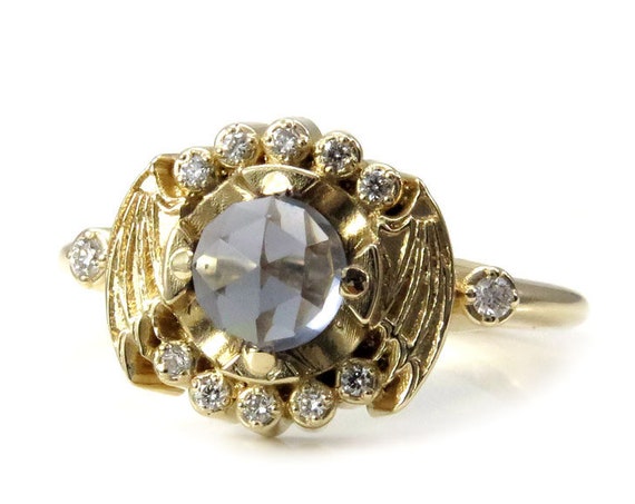 Gold Bat Wing Engagement Ring with Blue Grey Quartz and Black or White Diamonds