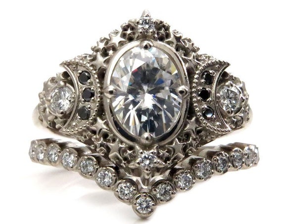 Starseed Engagement Ring Set - Oval Moissante with Black and White Diamonds - Boho White Gold Wedding Rings