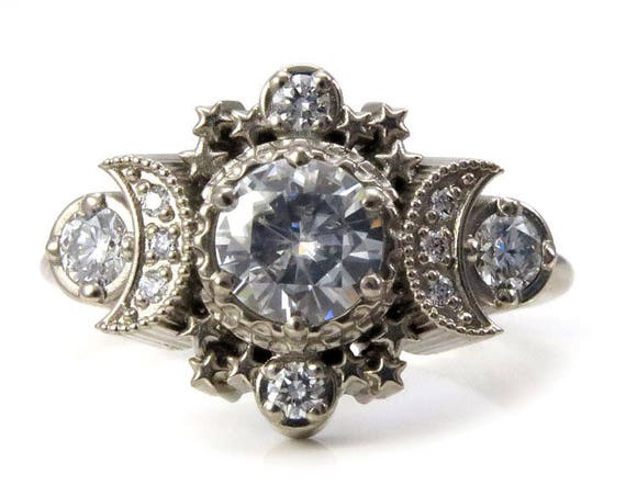 Diamond Moon Ring Boho Engagement - Moissanite or Diamonds Custom Wedding Ring