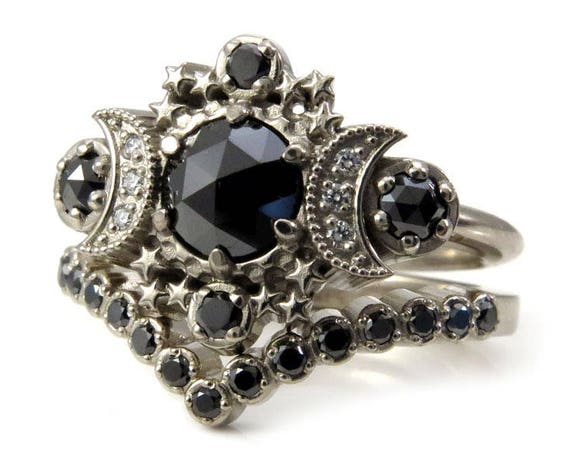 Black Diamond Gothic Moon Engagement Ring with Pave Diamond Chevron Wedding Band
