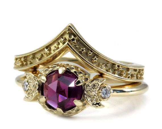 Rhodolite Garnet Moon and Star Engagement Ring Set - 14k Gold with Diamonds