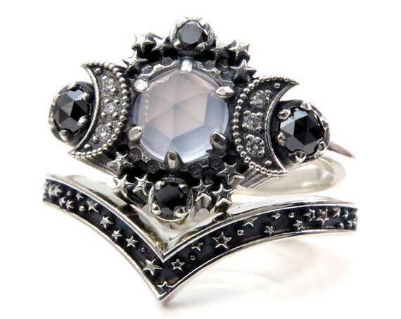 Blue Chalcedony Cosmos Moon Engagement Ring Set Silver Moon and Stardust Chevron Wedding Band